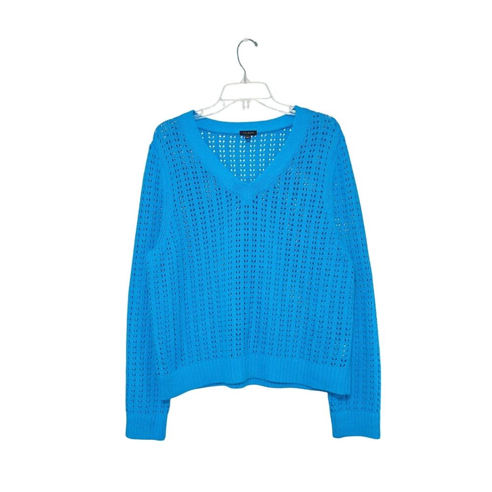 Talbots Open Knit V-Neck Blue Pullover Cotton Sweater Size X-Large Ribbed Trim